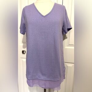 Soft Surroundings Waffle Knit Short Sleeve Top Chiffon Hem Lavender SZ M NWOT